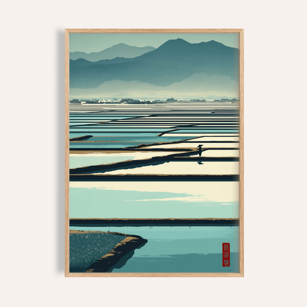 Framed Serene Rice Field Poster illustrating minimalist rice paddies in blue and cream tones