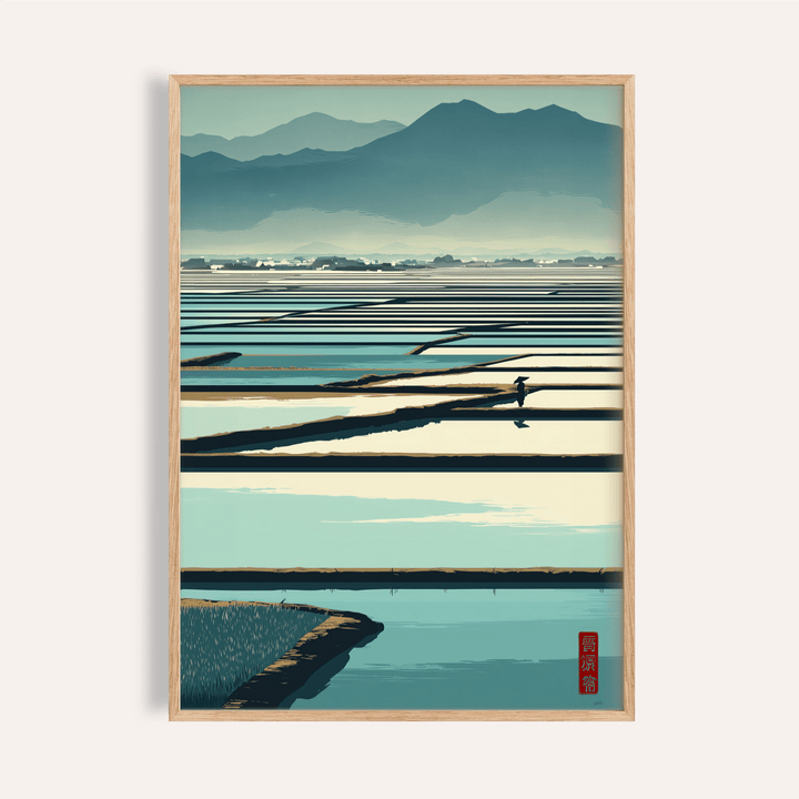 Framed Serene Rice Field Poster illustrating minimalist rice paddies in blue and cream tones