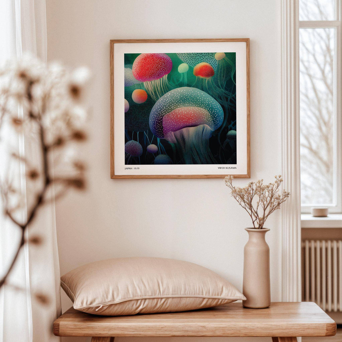 Ocean Prints wall art of glowing jellyfish in pink and green hangs above a wooden table with a beige cushion and vase