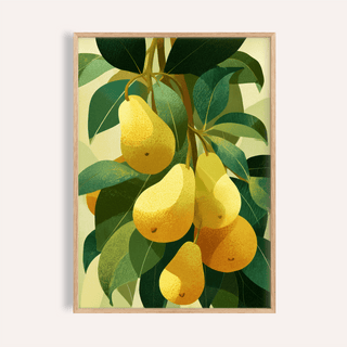 Framed close-up of pear wall art showing a cluster of yellow pears with green leaves