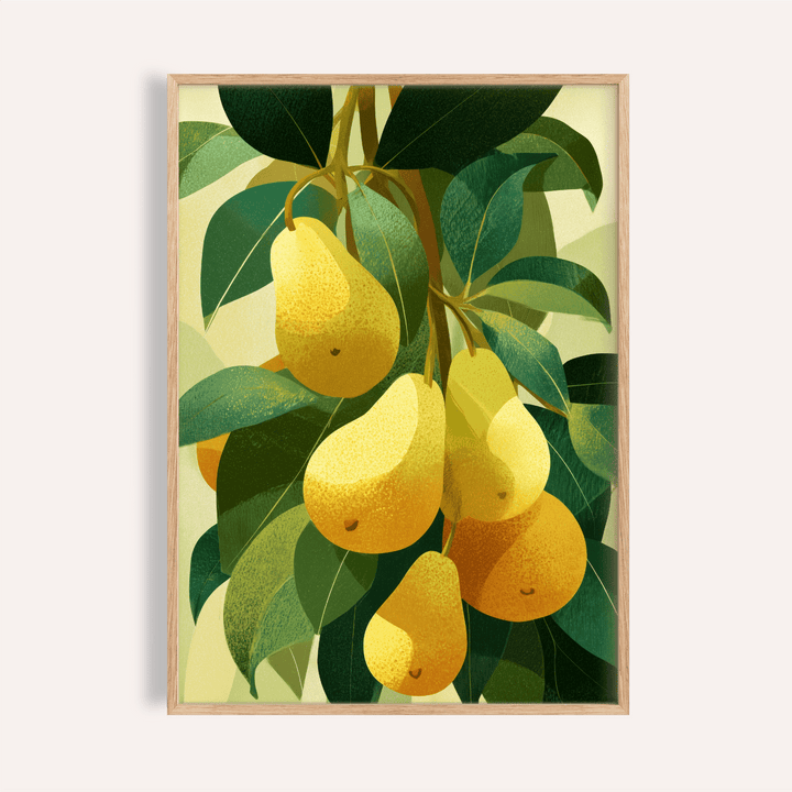 Framed close-up of pear wall art showing a cluster of yellow pears with green leaves