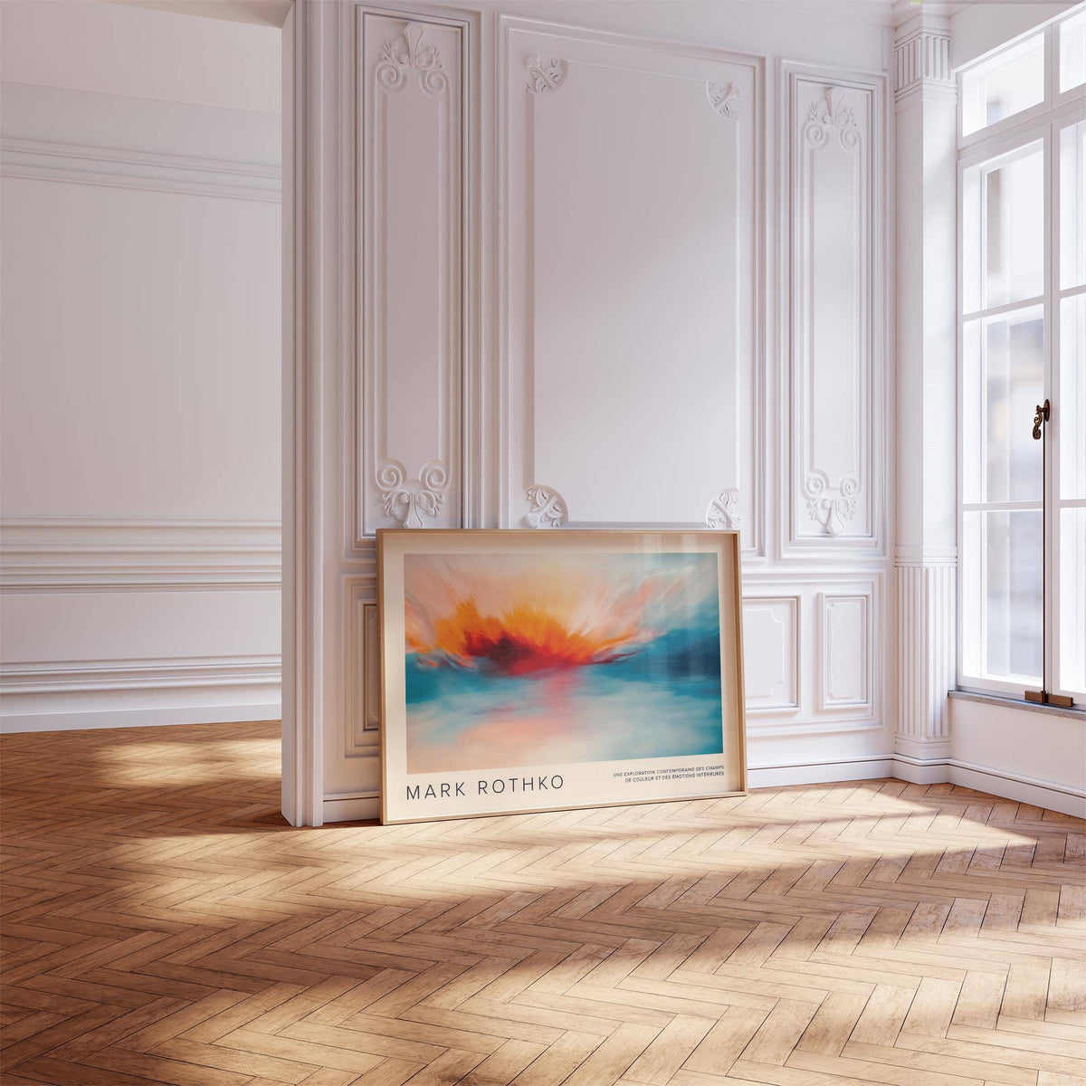Sea Scape wall art leaning on floor with orange and blue abstract fire in a bright room