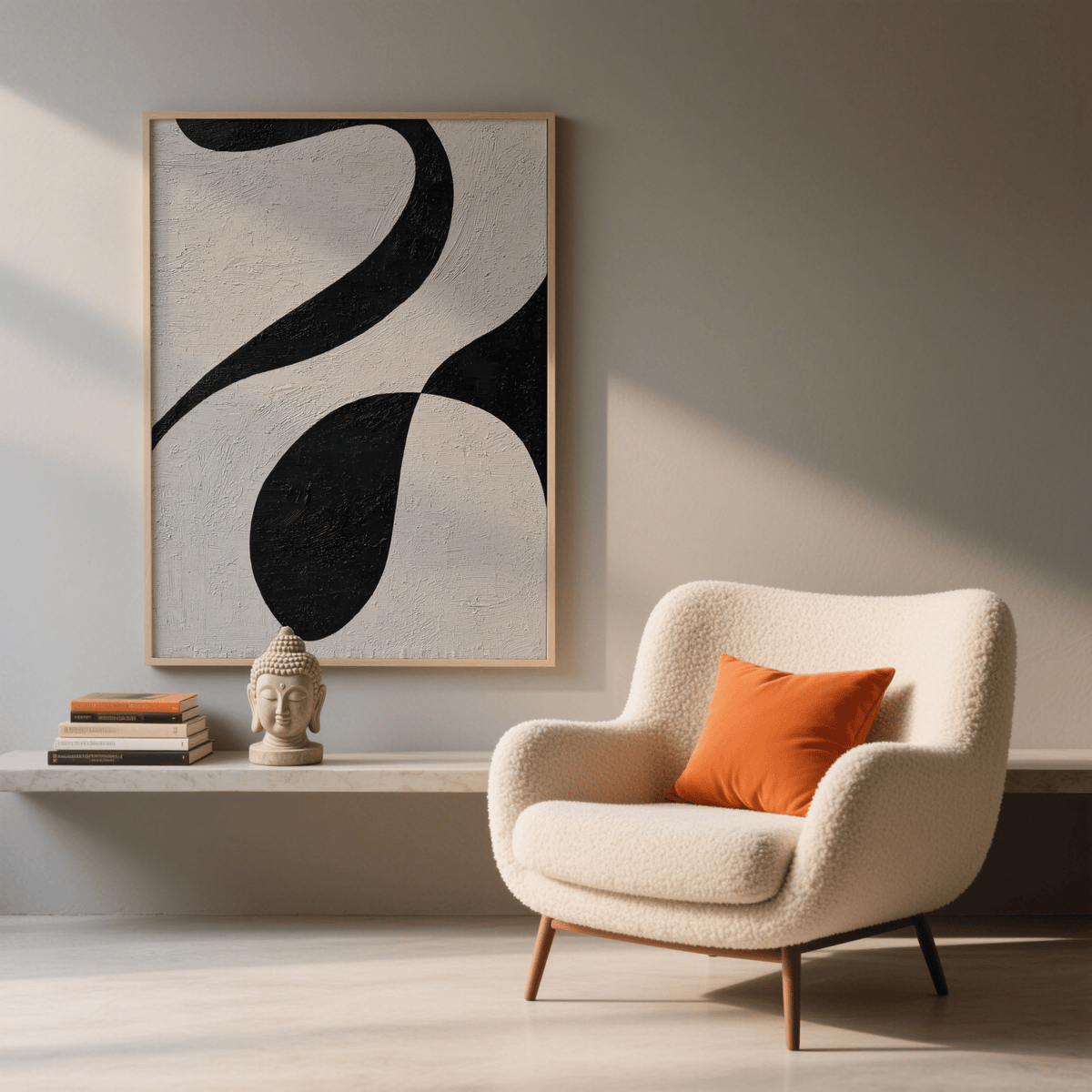 Abstract black and white art with curved shapes above a shelf with a Buddha head sculpture in a softly lit room