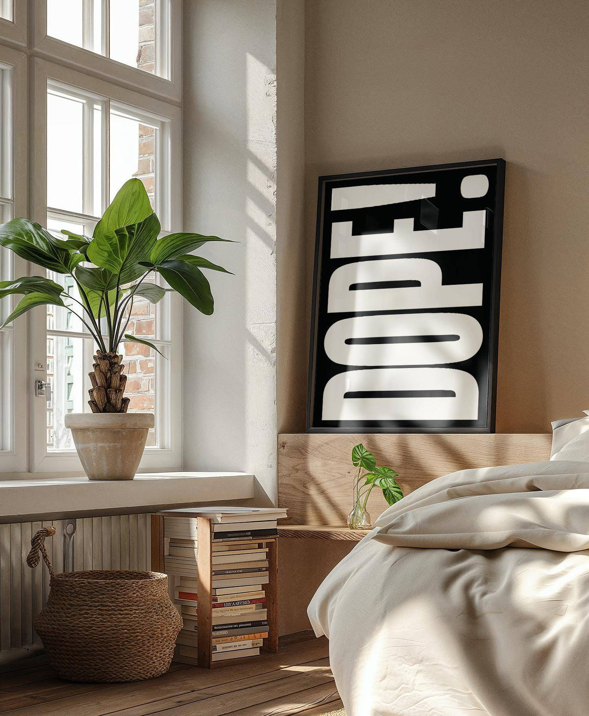 Bold Font Poster leaning on a wooden headboard with bold white typography on a black background in a bedroom