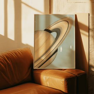 Framed Saturn wall art leaning on a brown leather sofa with natural sunlight