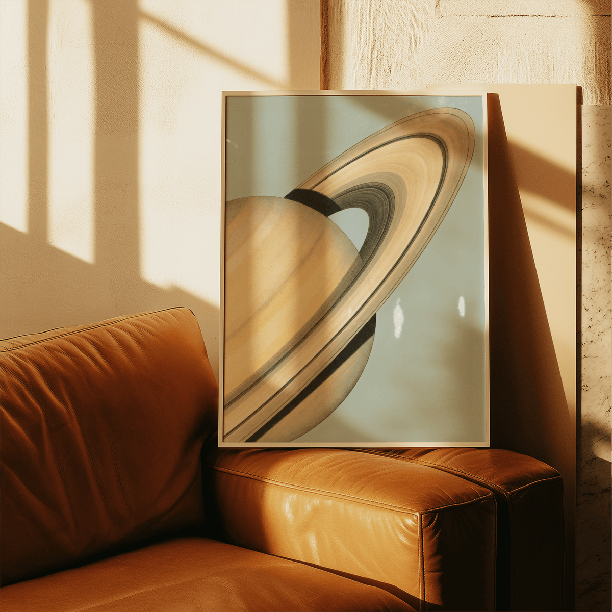 Framed Saturn wall art leaning on a brown leather sofa with natural sunlight