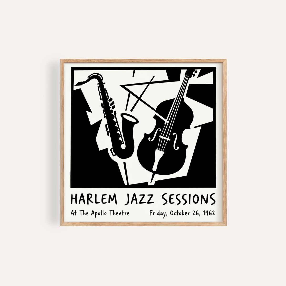 Framed Music Poster Wall Art with black and white minimalist saxophone and double bass design