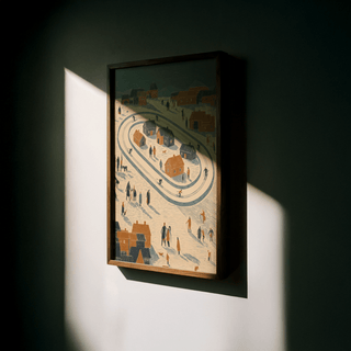 Framed Winter Village Art Print showing a minimalist winter skating rink scene with orange and blue tones in shadowed light