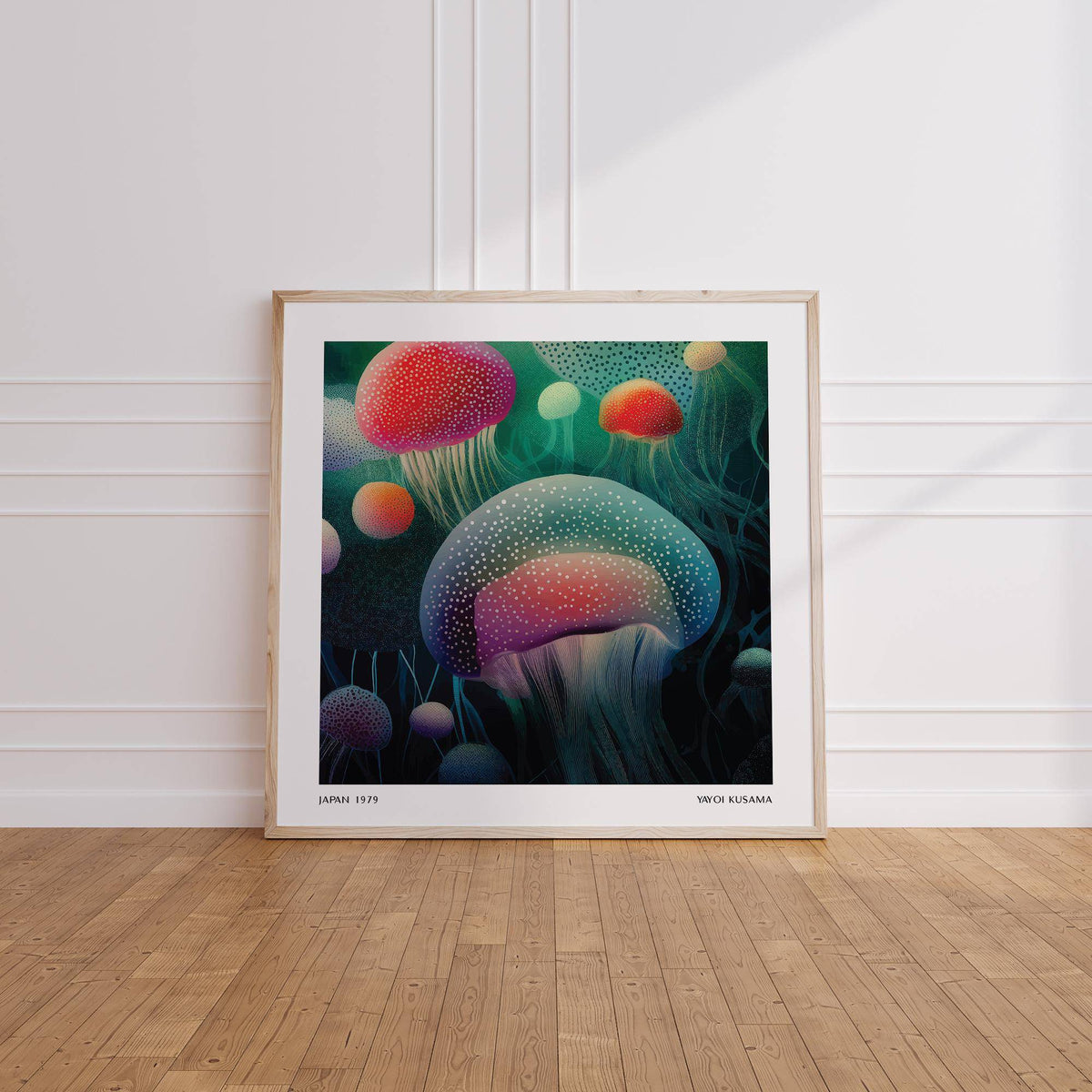 Print of glowing jellyfish ocean prints leaning on a wooden floor against a white wall