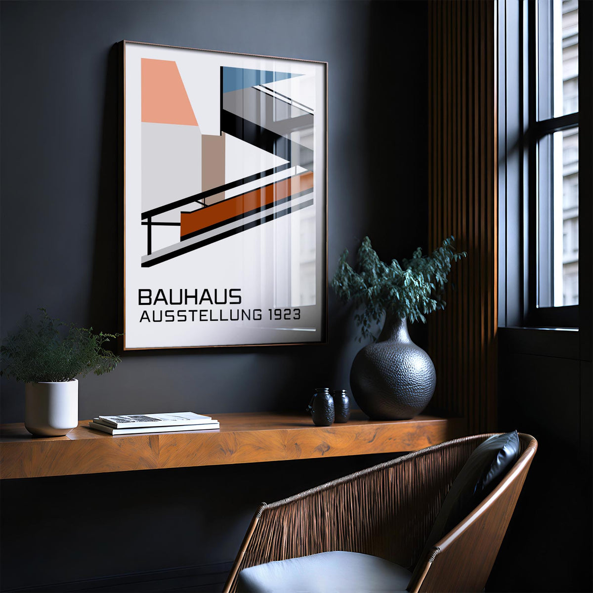 Bauhaus Exhibition Poster 1923 wall art with minimalist geometric design in a dark modern room with a plant on a wooden shelf
