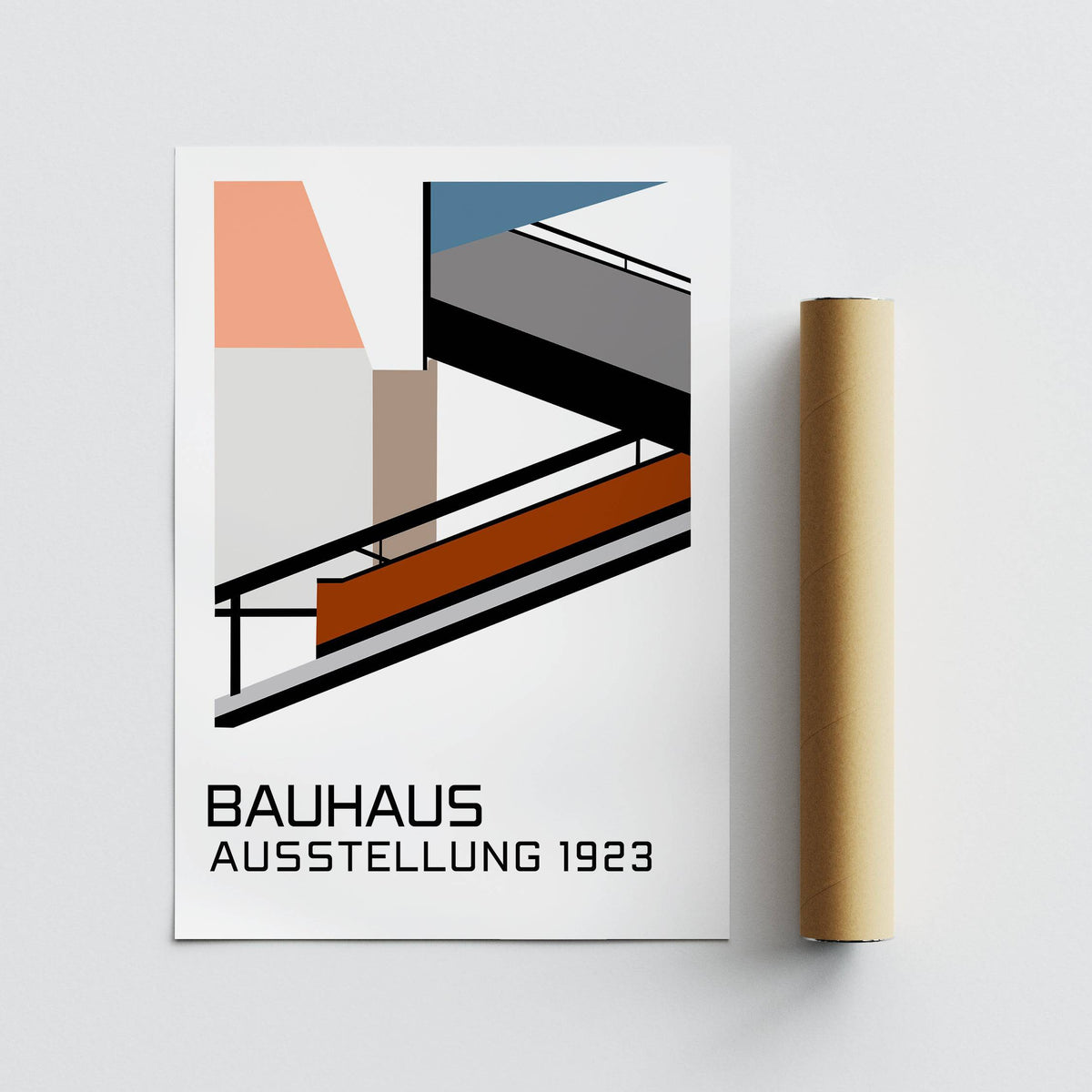 Bauhaus Exhibition Poster 1923 print with abstract building detail next to a packaging tube