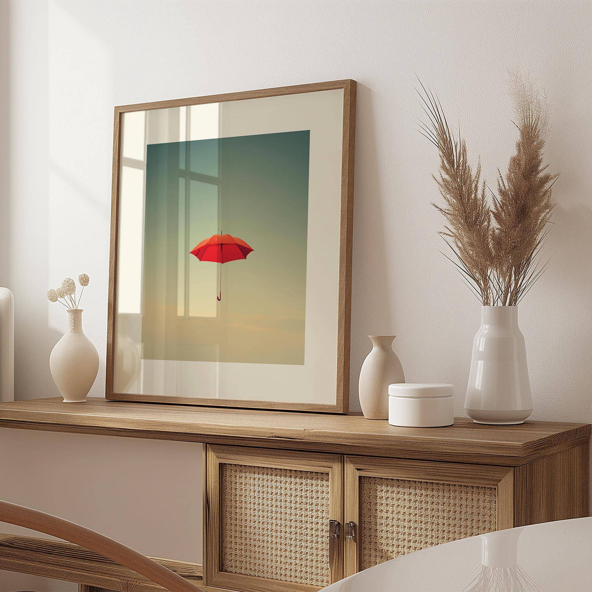 Print of a red umbrella floating against a blue sky leaning on a wooden cabinet with vases