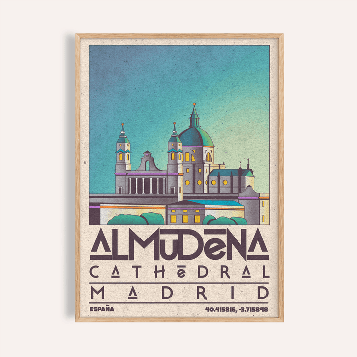 Framed Madrid Poster with Almudena Cathedral illustration featuring blue and cream tones