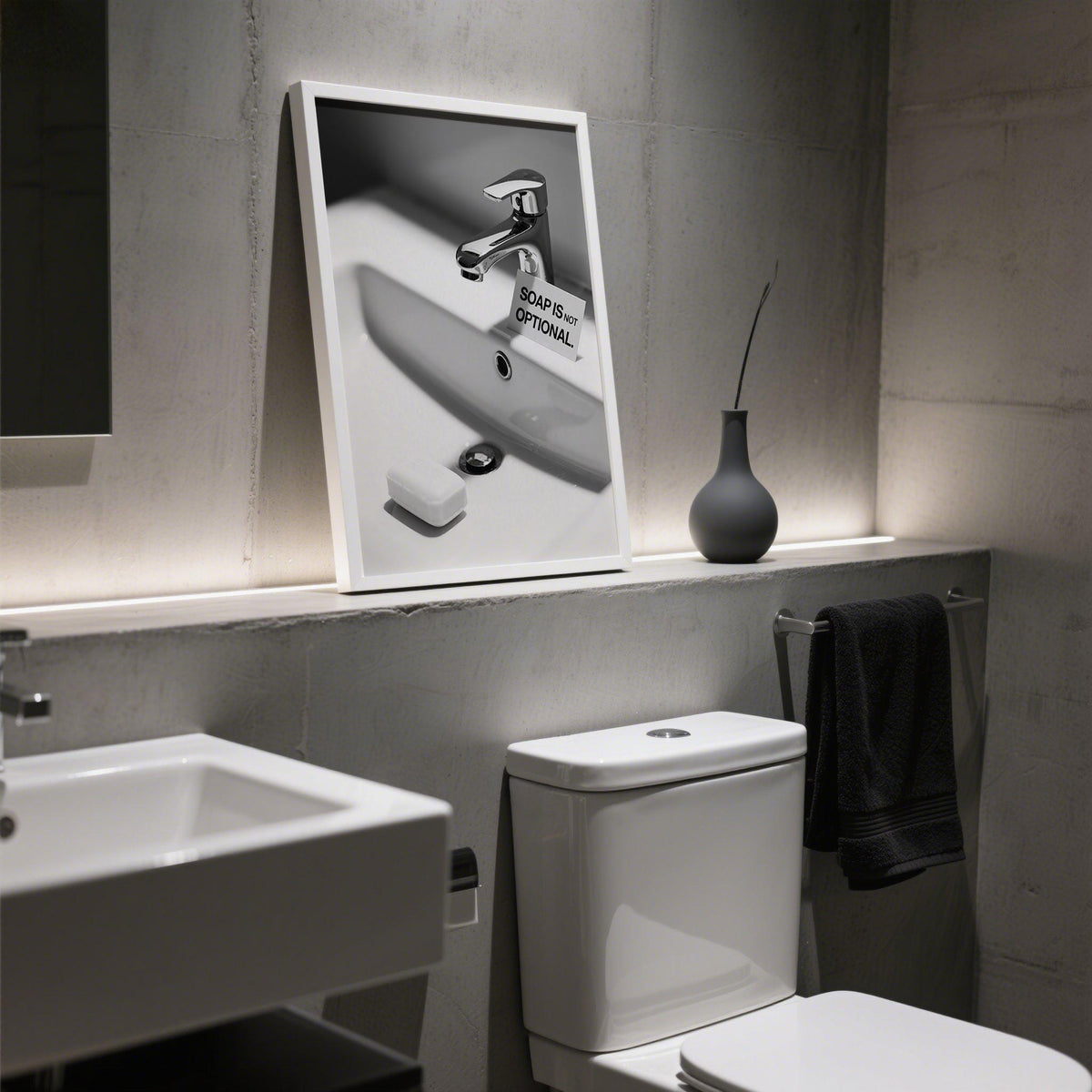 Print leaning on a ledge in a minimalist bathroom with grey walls and a dark vase