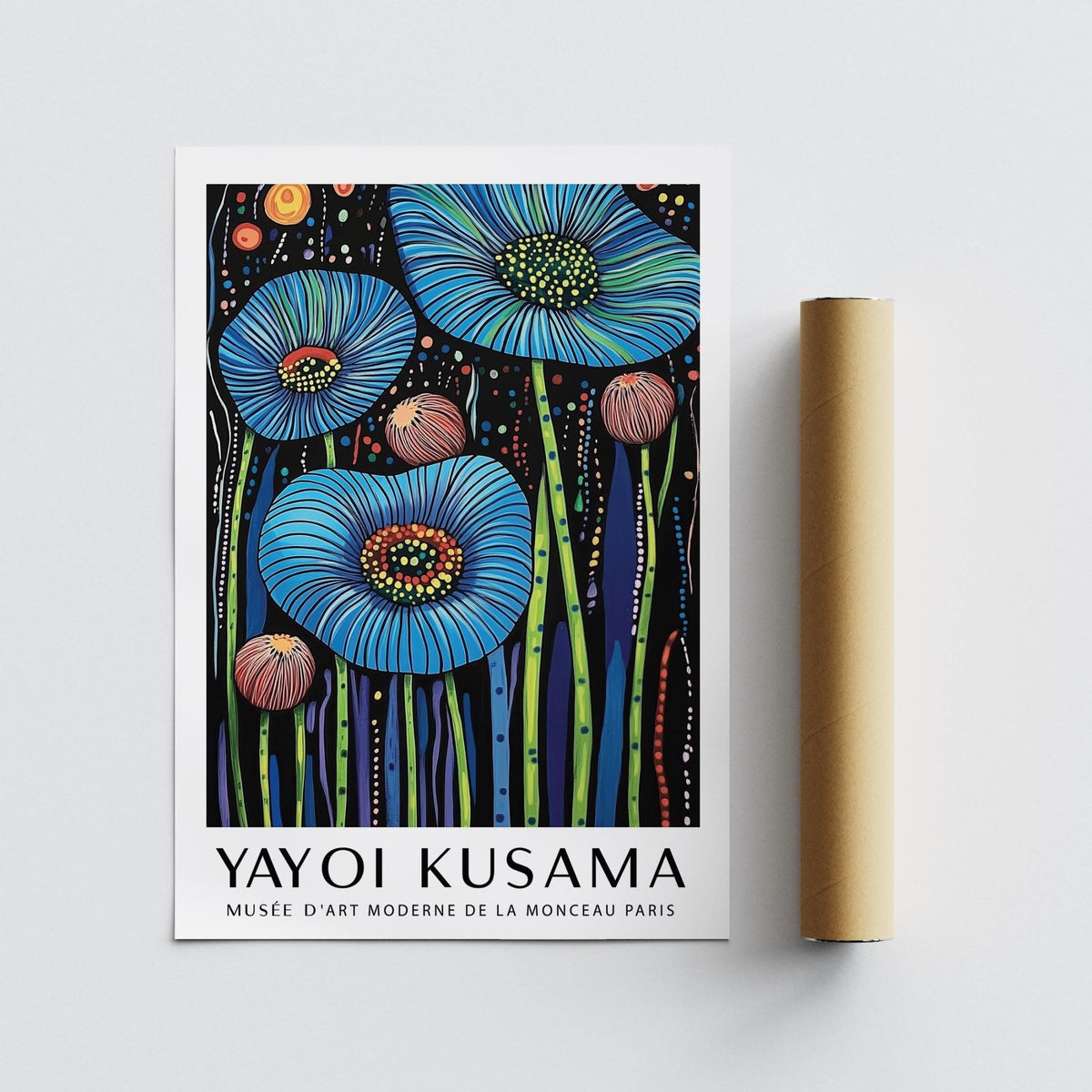 Wall Art Floral showing blue poppy flowers with detailed stems and dots alongside a packaging tube