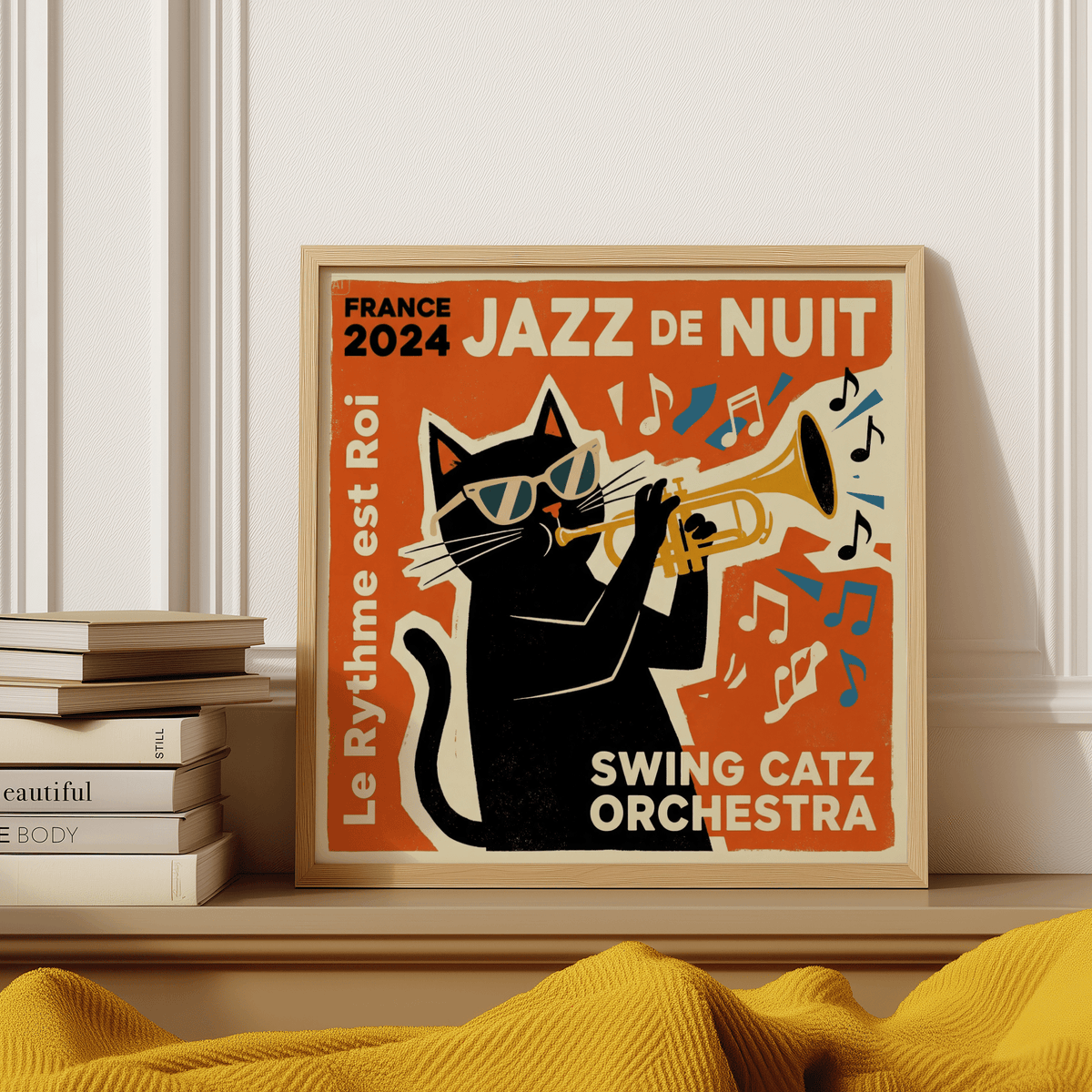 Framed Jazz Cat Art with a black cat playing trumpet in retro style resting on a wooden surface next to books