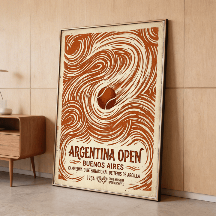 Framed Argentina Open Poster leaning against a wall in a neutral toned room featuring a vintage tennis ball illustration in brown and cream