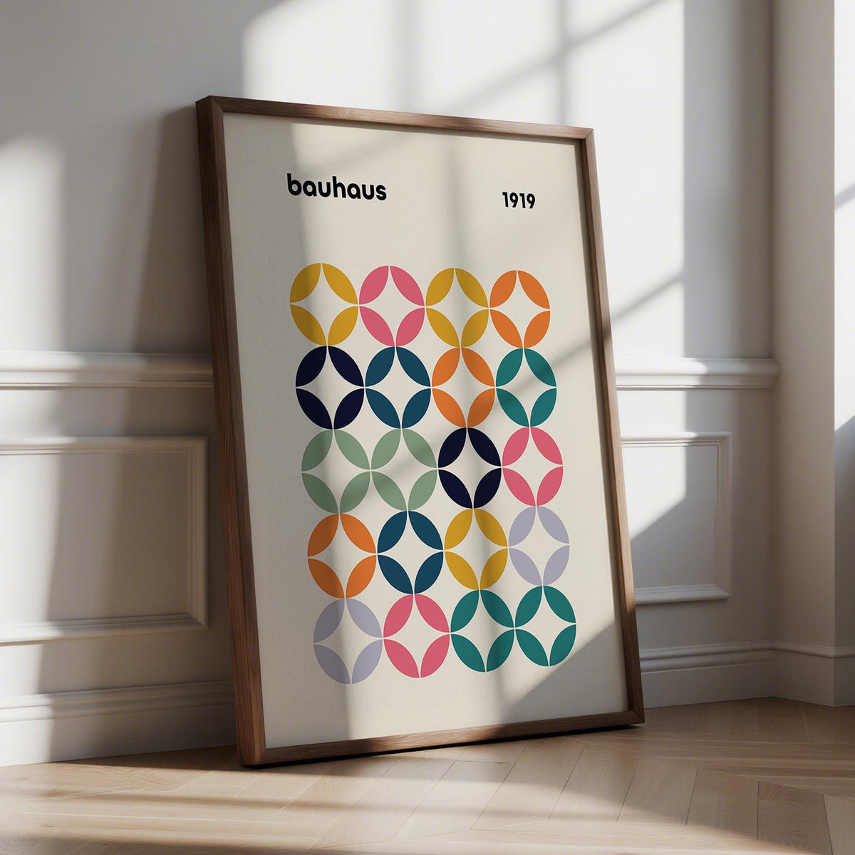 Framed Colorful Wall Art Office showing a bauhaus style geometric pattern with light and shadow