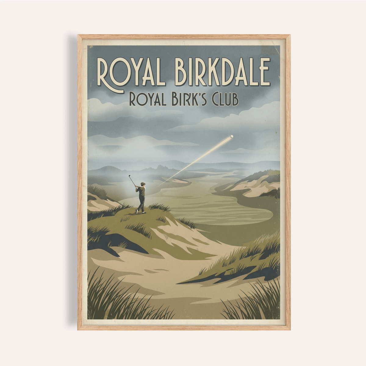 Framed print close-up of English Links Golf Art with retro style greens and blues
