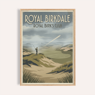 Framed print close-up of English Links Golf Art with retro style greens and blues