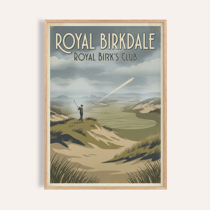 Framed print close-up of English Links Golf Art with retro style greens and blues