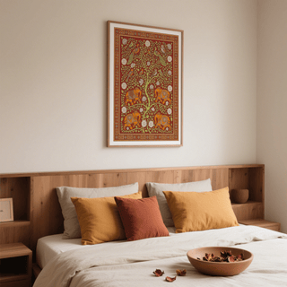 Elephant Tree wall art with decorative elephants and birds in warm colours above a bed with cushions