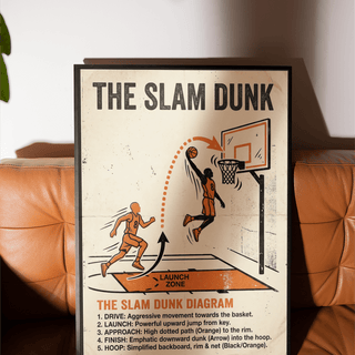 Framed Slam Dunk Diagram Art with black and orange illustration resting on a brown leather sofa