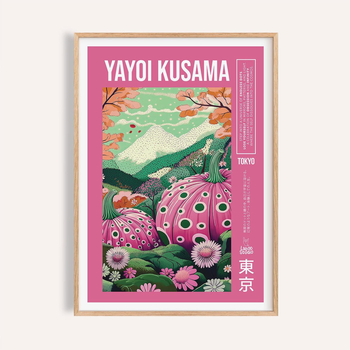 Wall Art with Pink framed print of polka dot pumpkins and floral landscape in green and pink
