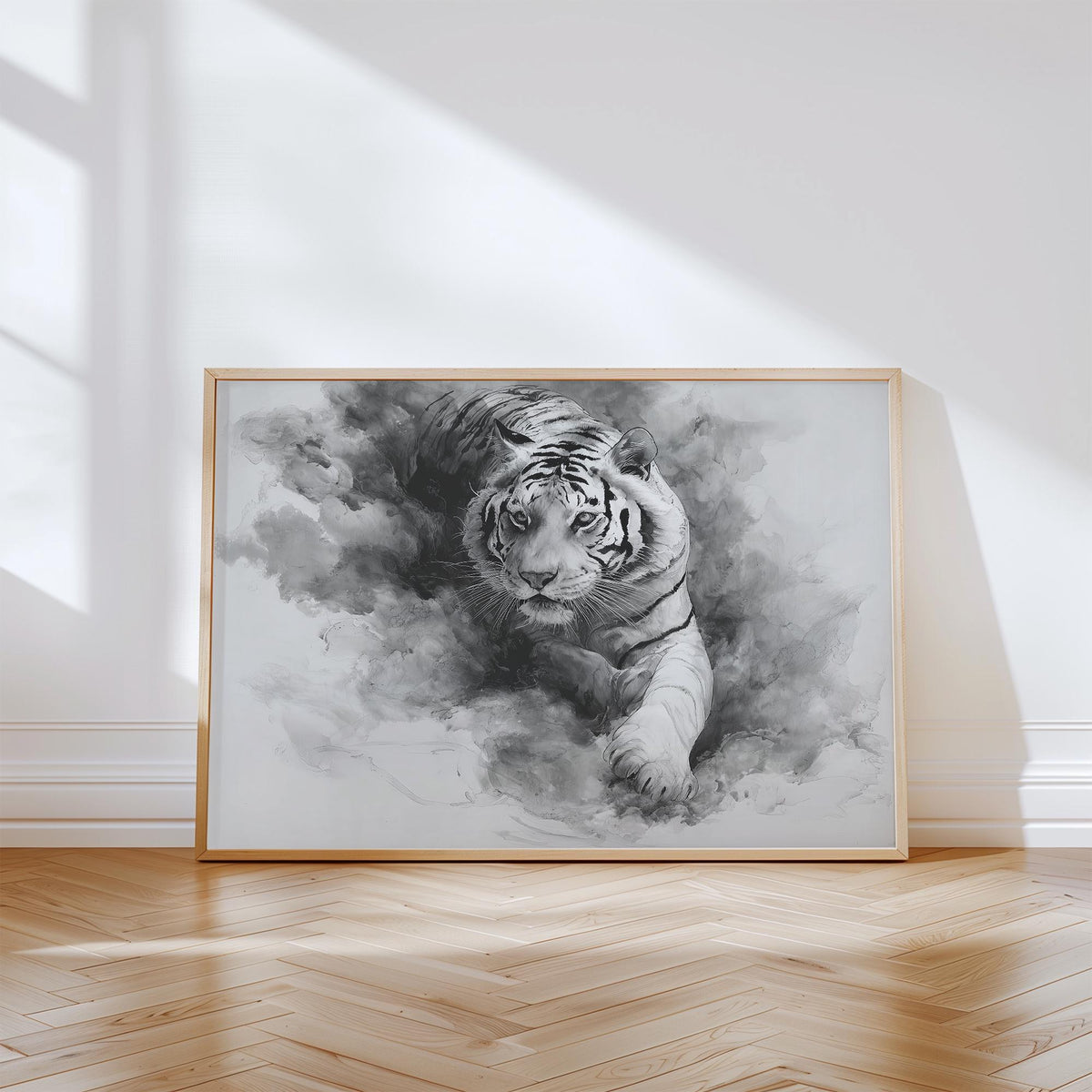 Landscape Tiger Print leaning print of a white tiger in monochrome colours on a wood floor