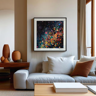 Galaxy Posters print with colourful circles galaxy art above a white sofa with cushions in a living room