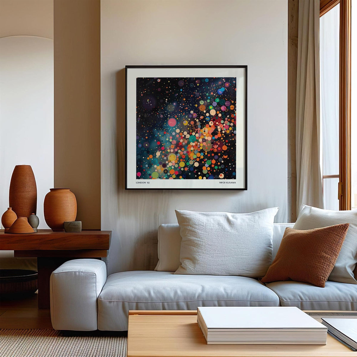 Galaxy Posters print with colourful circles galaxy art above a white sofa with cushions in a living room