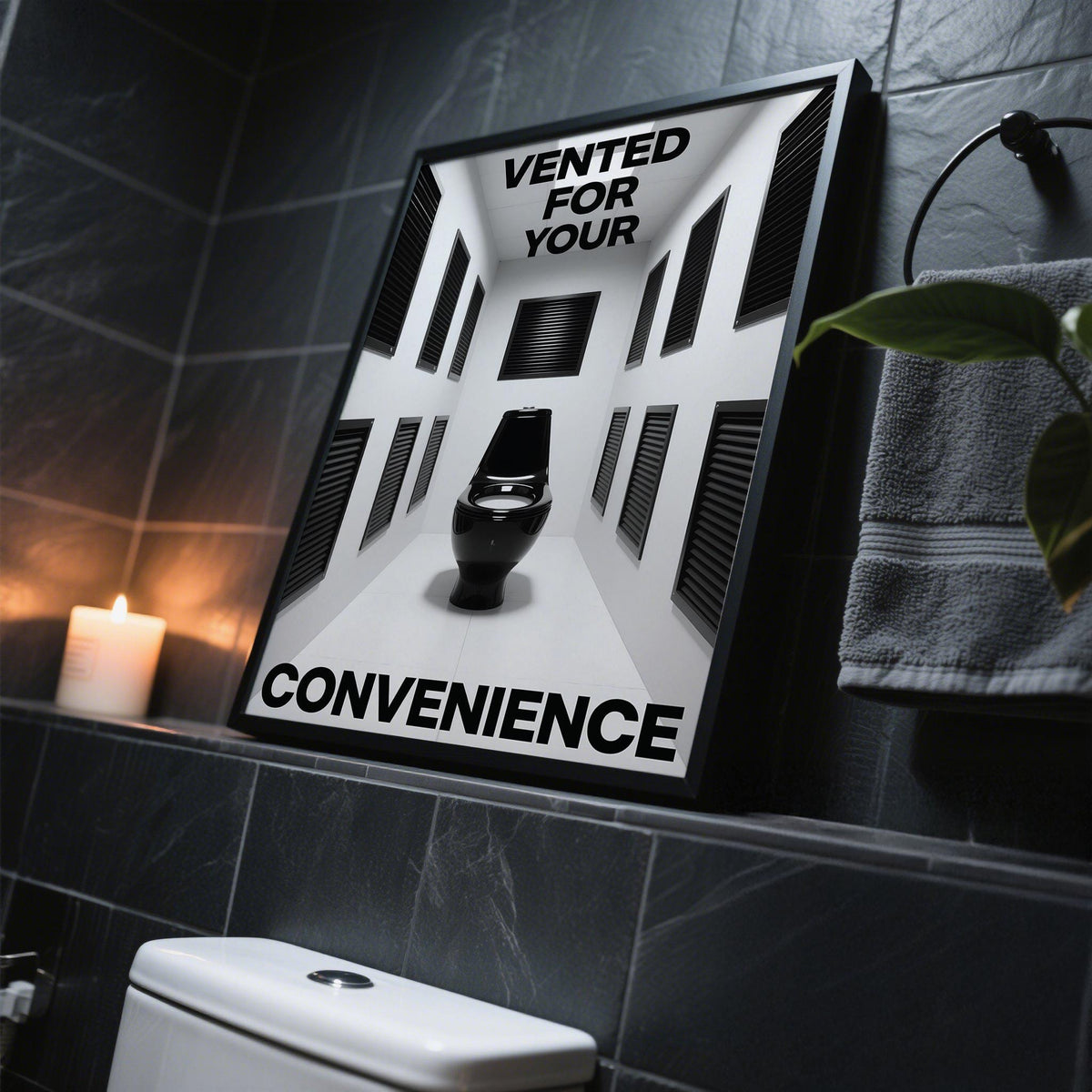 Framed Bathroom Funny Print of a black toilet in a white room with black vents leaning on a shelf in a bathroom