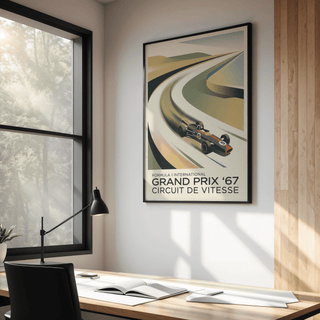 Vintage Racing Art Print framed on a wall above a desk with a black lamp in a bright room