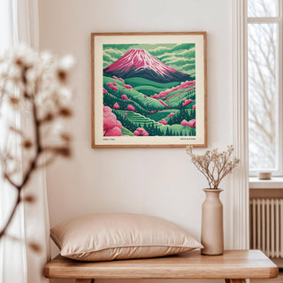 Mountain Landscape Art print of a pink and green Mount Fuji with cherry blossoms above a wooden bench with cushion