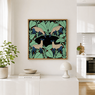 Colourful Animal Wall Art with spotted deer illustration in green and blue displayed in a kitchen