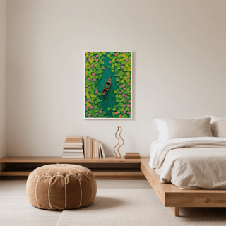 Print on a wall in a bedroom of a person in a boat through green and pink water lilies with a pouffe nearby