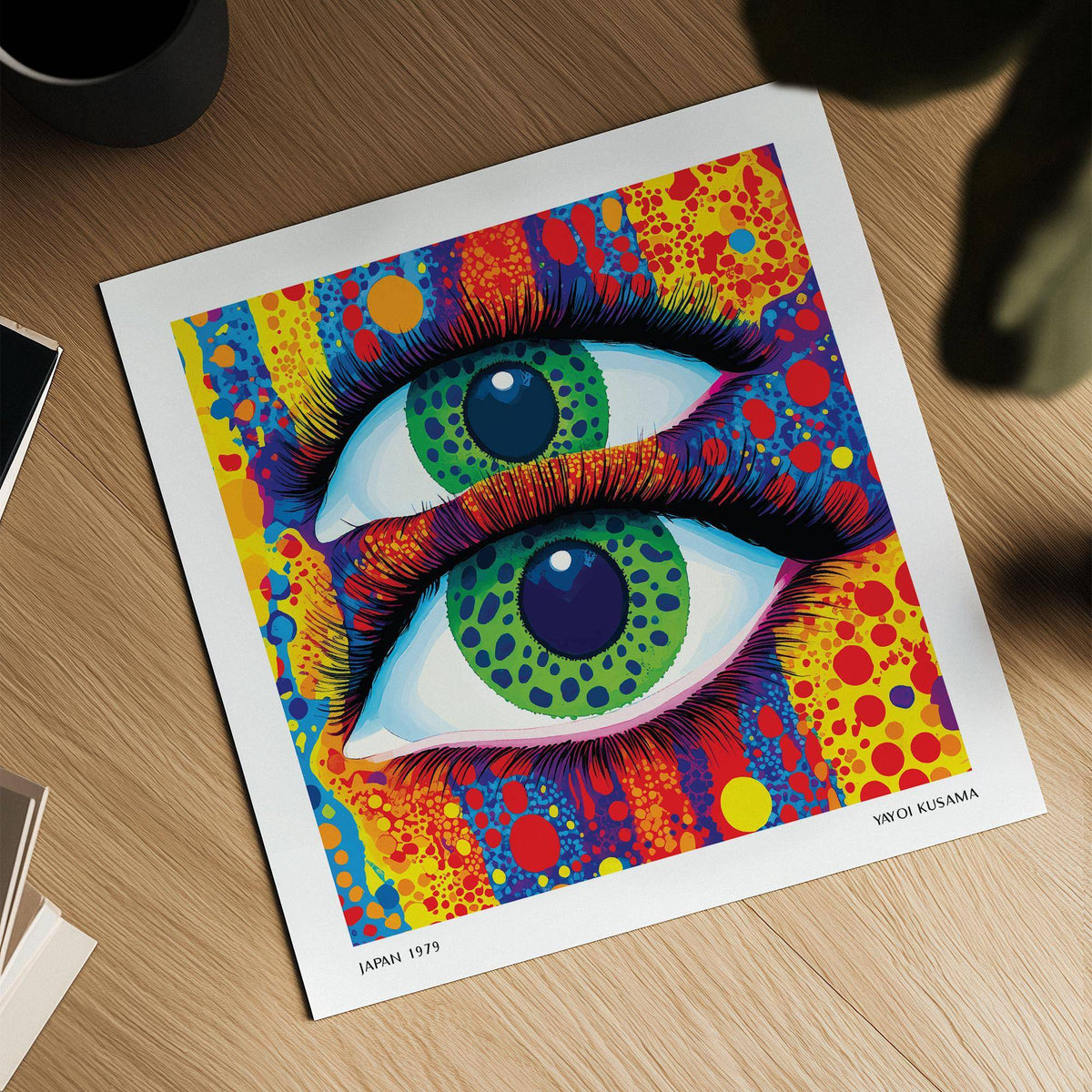 Close-up of colorful pop art with two green eyes and vibrant red and blue dots on a wooden surface with a plant shadow