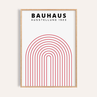 Framed Original Bauhaus Poster with red concentric arch lines and black text on white background