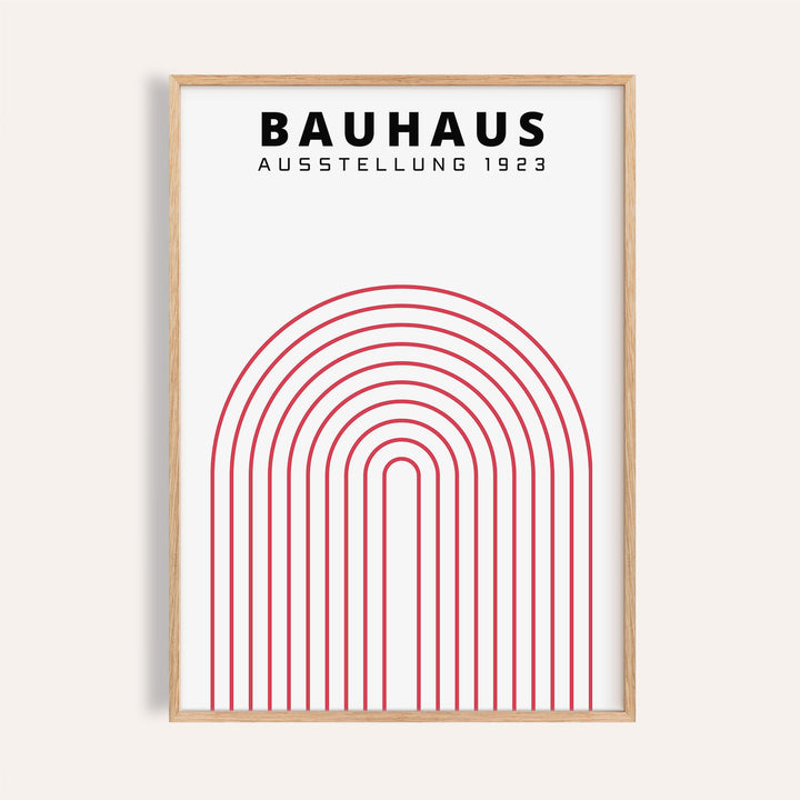 Framed Original Bauhaus Poster with red concentric arch lines and black text on white background