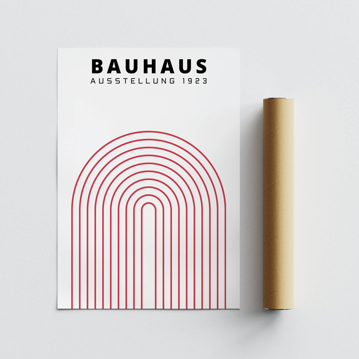 Rolled print and Original Bauhaus Poster with red concentric arch lines on a white background