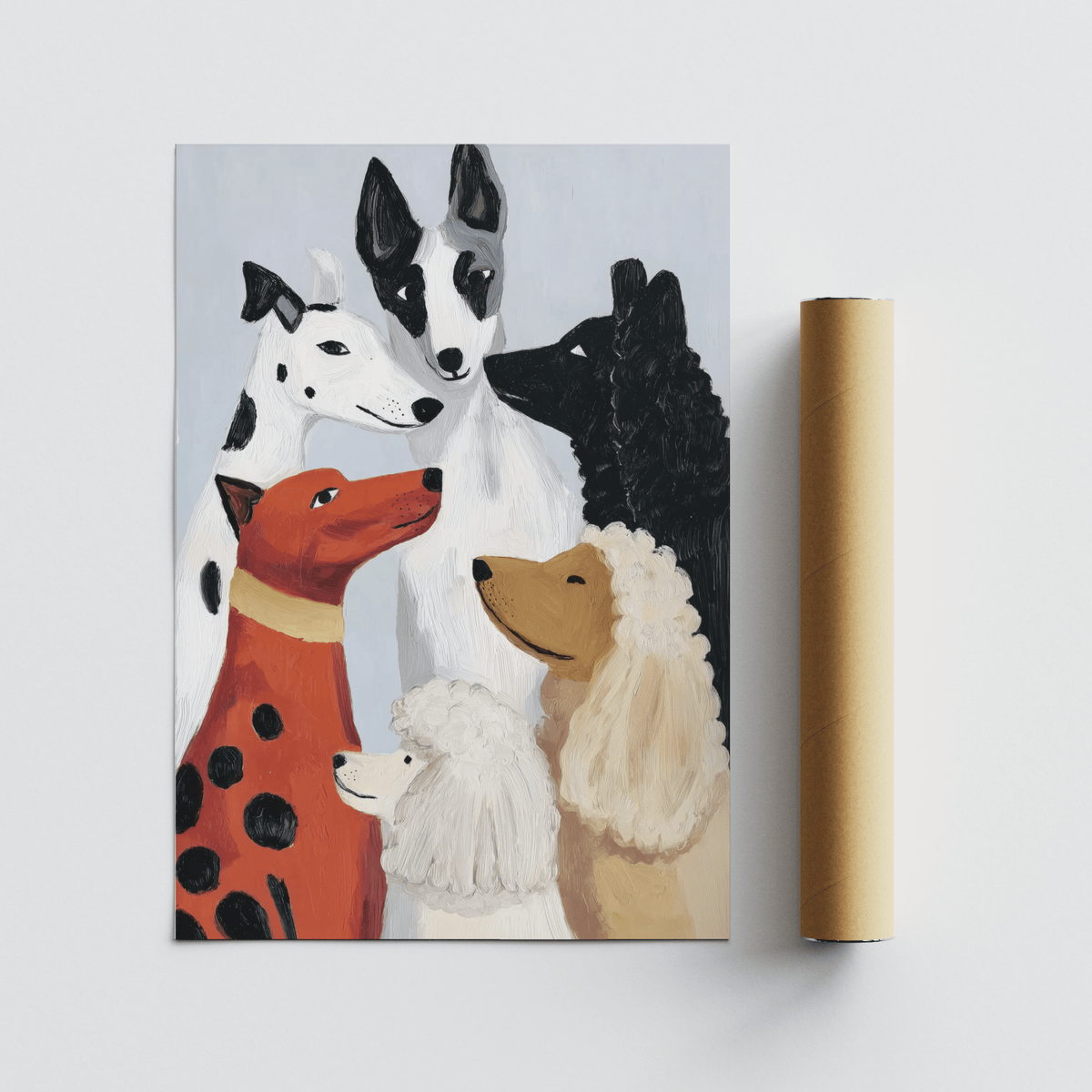 Colorful Dog Poster lying flat with a brown packaging tube on a pale surface