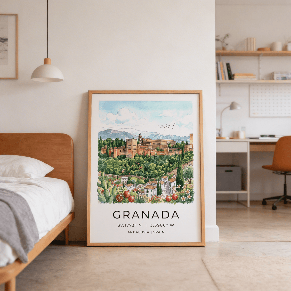 Granada Spain art print leaning against wall with wooden bed visible