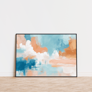 Blue Pink Abstract Painting leaning on floor with a black frame above light wood parquet