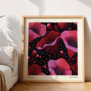 Framed close-up of abstract pink art with pink poppy flowers and black background with dots