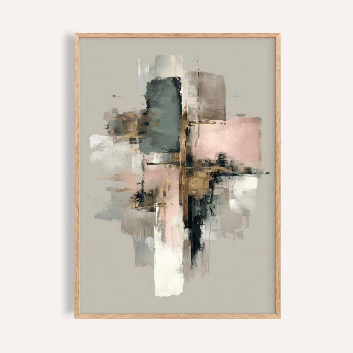Framed Pink and Gold Abstract Art of abstract geometric shapes in pink and gold