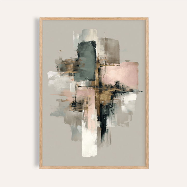 Framed Pink and Gold Abstract Art of abstract geometric shapes in pink and gold