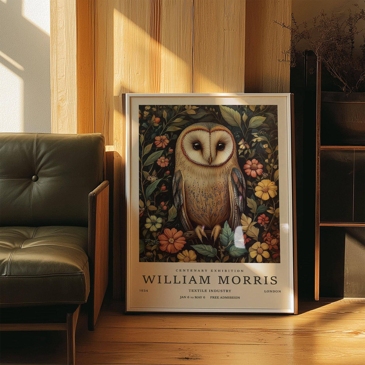 Owl Prints leaning framed print of a barn owl with orange and green botanical illustration next to a green armchair