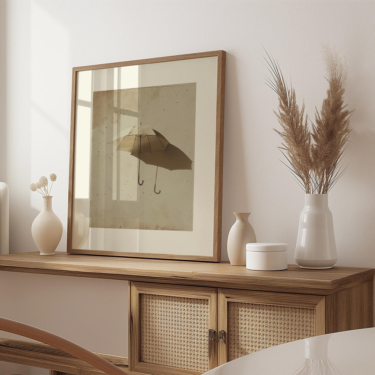 Surrealism Prints framed print of a beige open umbrella with shadow leaning on a wooden cabinet with vases