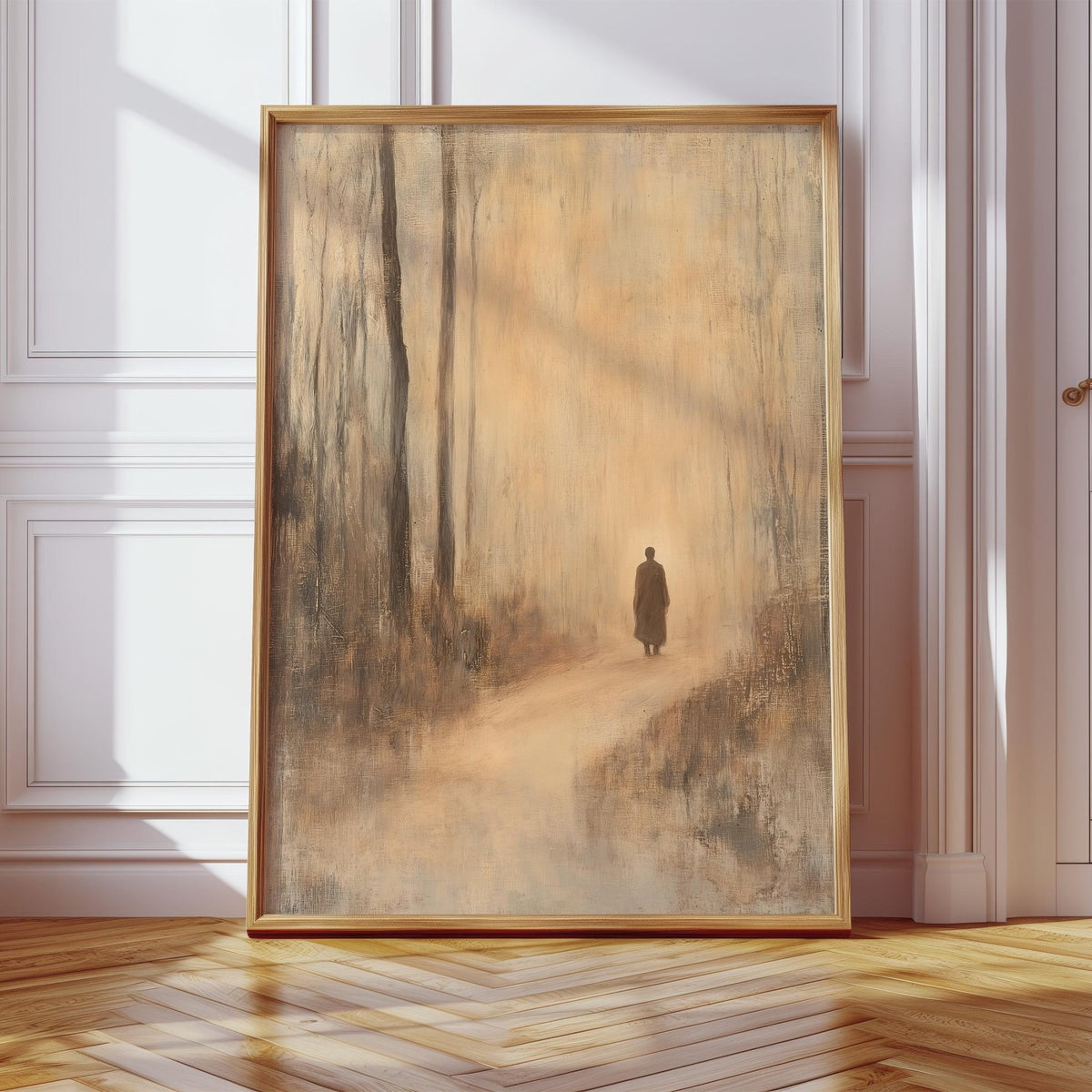 Framed antique Japanese prints showing a monk walking on a forest path in warm brown tones leaning on a wooden floor