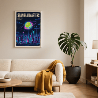 Shanghai Masters Tennis Print on wall with neon tennis ball planet above a soft cream sofa